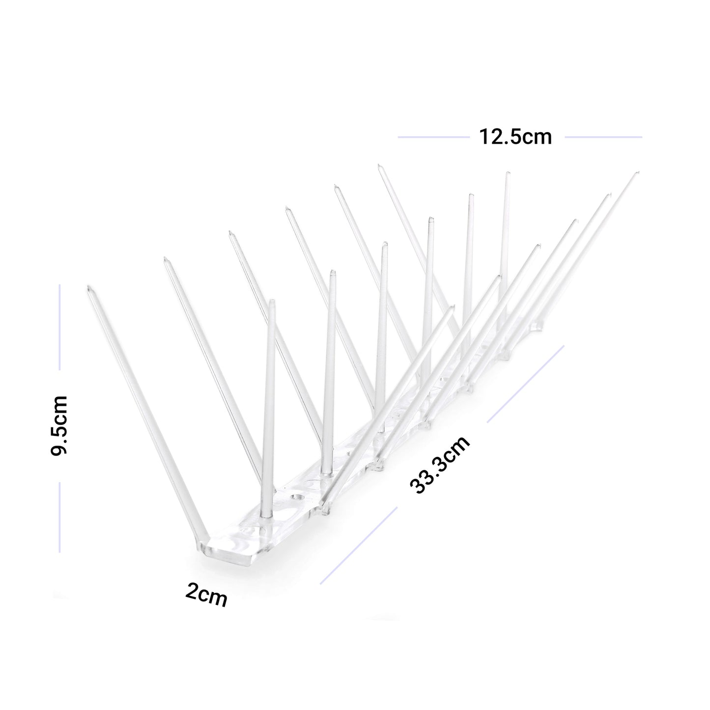 A diagram showing the Ecogreen bird spike dimensions: 33cm length, 9.5cm height, 12cm top width, and 2cm base width.