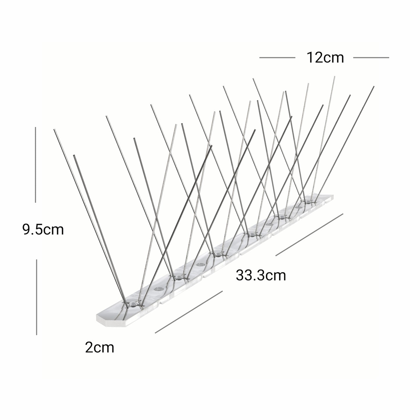 A diagram showing the Ecogreen stainless steel bird spike dimensions: 33cm length, 9.5cm height, 12cm top width, and 2cm base width.