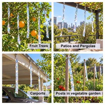 Use bird scare tape in fruit trees, patios, carports and vegetable gardens to get rid of birds.