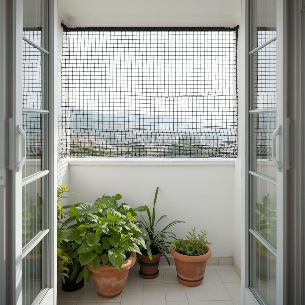 bird netting prevents birds landing on balcony and stops cats from jumping on ledge.