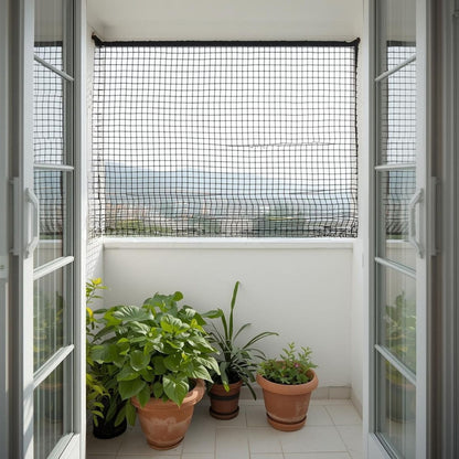 bird netting prevents birds landing on balcony and stops cats from jumping on ledge.