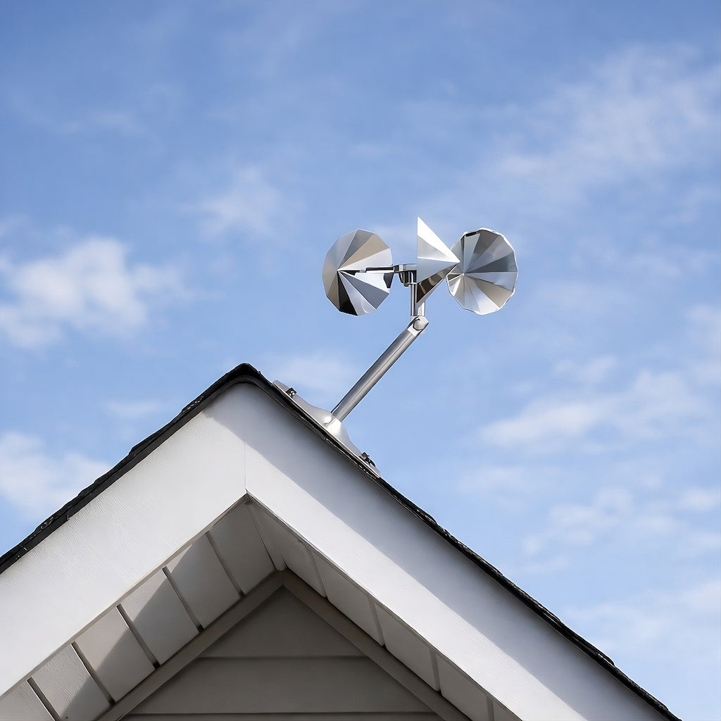 Ecobarbet reflective bird deterrent spinner mounted on a roof to scare birds away.