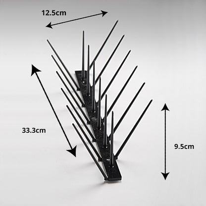 A diagram showing the Ecogreen black bird spike dimensions: 33cm length, 9.5cm height, 12cm top width, and 2cm base width.