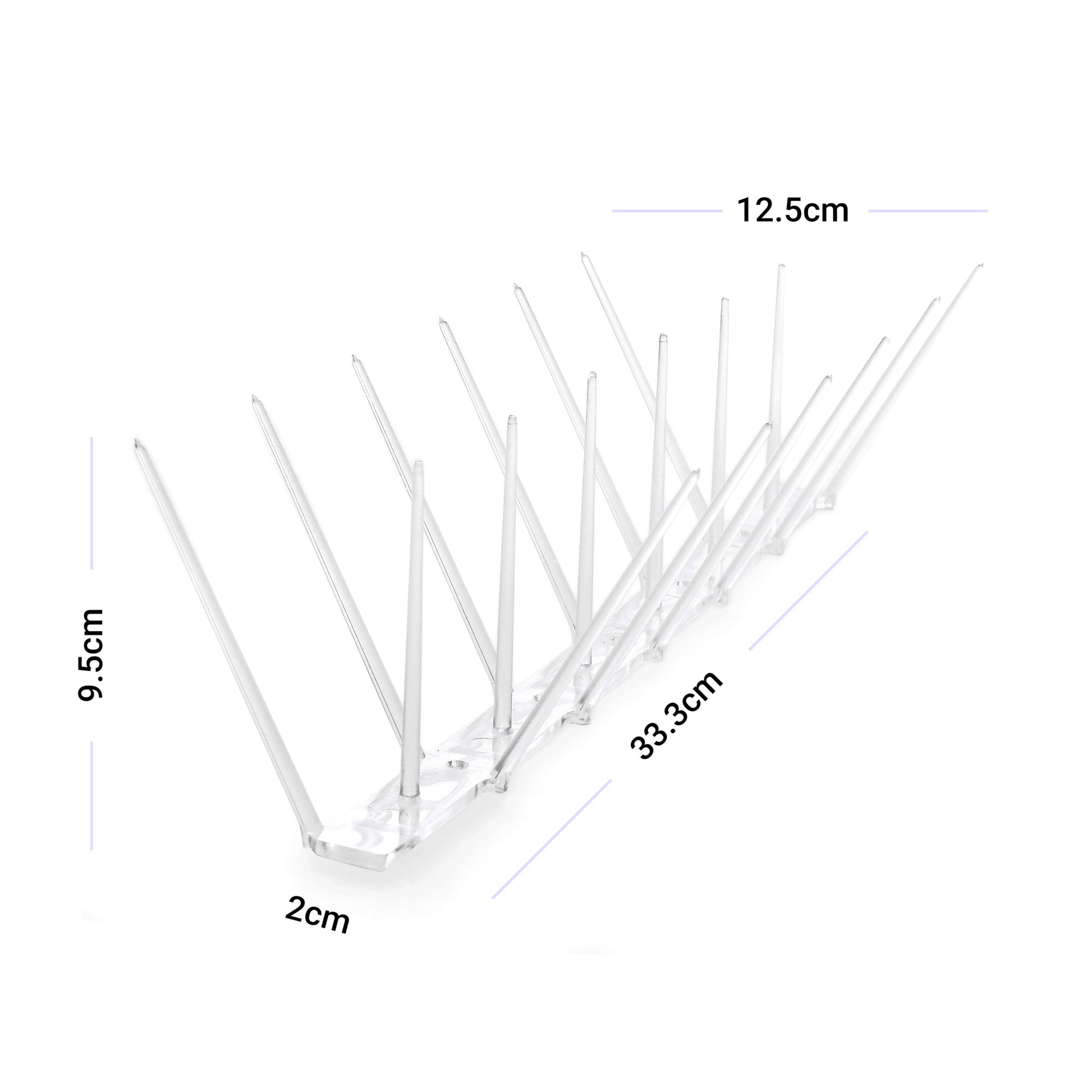 A diagram showing the Ecogreen bird spike dimensions: 33cm length, 9.5cm height, 12cm top width, and 2cm base width.