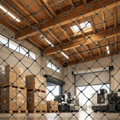 Heavy-duty bird proof netting covering an industrial warehouse entrance.