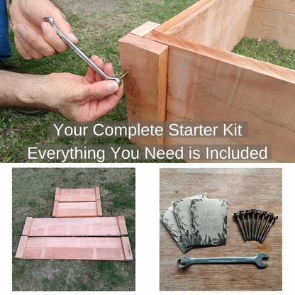 Collage detailing the quick assembly of the untreated Saligna raised garden bed: pre-drilled panels, included spanner, screws and starter seed kit.