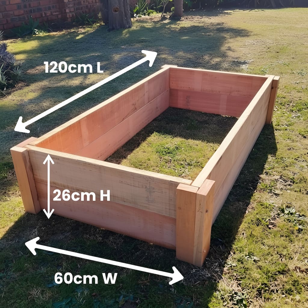 Raised wooden planter box, 120cm L x 60cm W x 26cm H, empty to show the no-base design for optimal drainage and root growth.