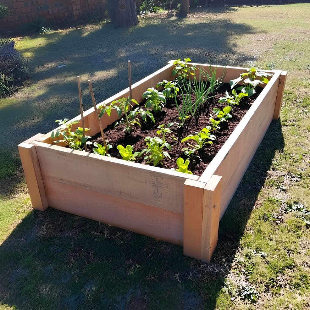 Untreated timber raised garden bed in full sun, promoting healthier growth for young tomato plants without chemical leaching.