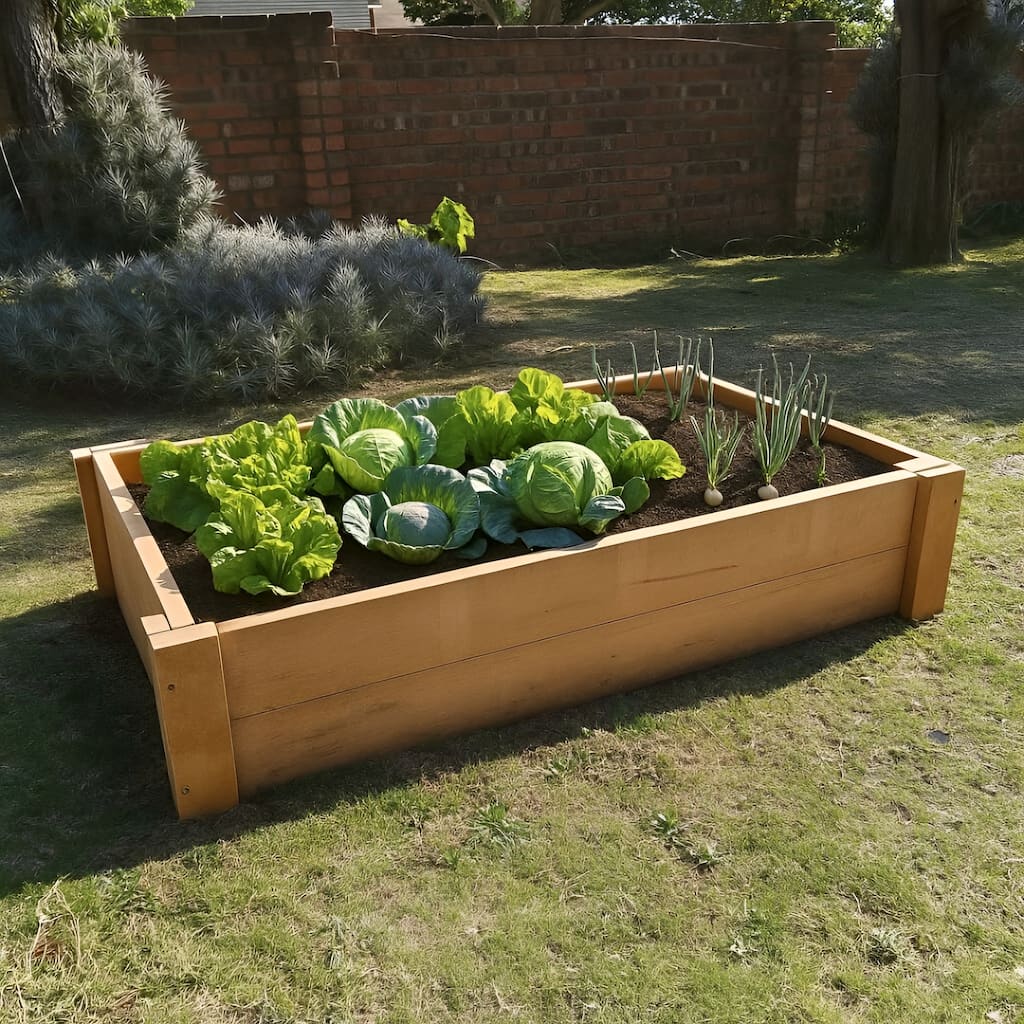 Productive untreated Saligna hardwood garden bed filled with large cabbages, demonstrating the capacity for growing abundant, naturally safe edibles.
